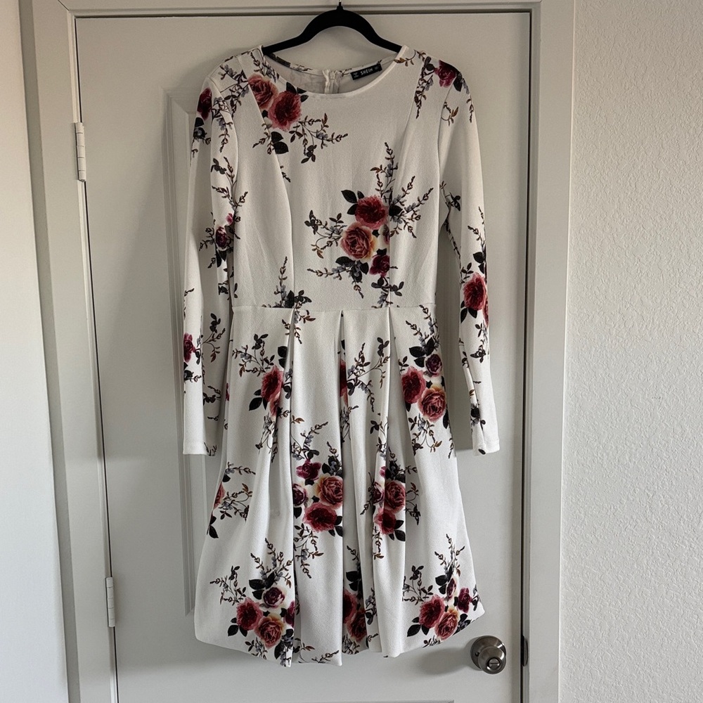 SHEIN White Long-Sleeve Fit & Flare Dress with Rose Print